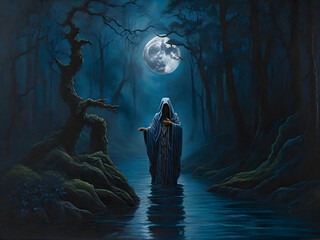 In the dimly lit depths of an ancient forest, a mysterious figure clad in flowing robes performs a shadowy and solemn ritual, captured in a hauntingly beautiful acrylic painting. 