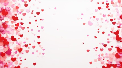 Fototapeta na wymiar Playful confetti in various shades of pink and red adorning a beautifully crafted Happy Valentine's Day card with a white background.