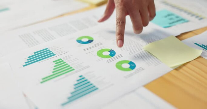 Hands, business people in meeting and data analysis, paperwork review with graphs and info, team doing market research. Stats, analytics and infographic documents with sticky note and collaboration