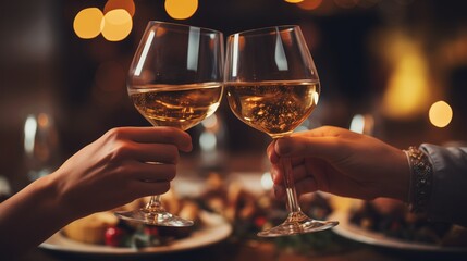 Close-up of male and female hands clinking glasses with beer at restaurant