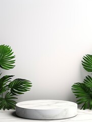 Fototapeta na wymiar White marble Square podium in white background. decor by monstera leaves and blank Brand product mockup scene stage for product, generative ai