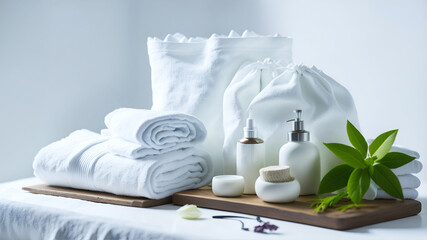 Spa composition with towels, aromatic oil, foliage on a table.