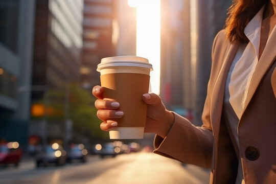 Close up hand of businesswoman holding takeaway paper coffee cup on the street in skyscrapers. Lifestyle concept of rest and refresh.