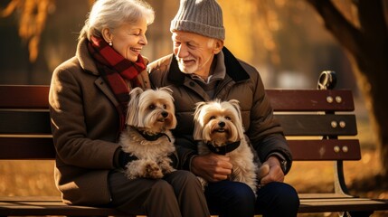 An elderly couple in love, senior man and a woman came on a date in autumn park with little dogs . Love through time and years. Husband and wife relax sitting on a bench. Generative AI. - obrazy, fototapety, plakaty