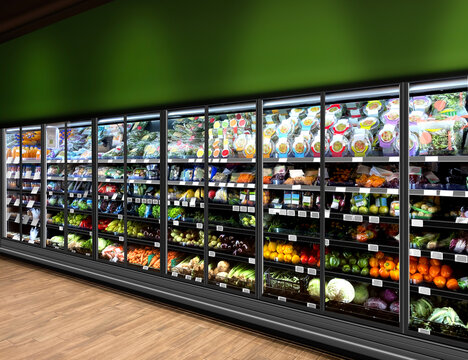 Vegetables In Long Wall Glass Door Cabinets Refrigerator At Supermarket. This Mockup And Illustration Is Suitable For Presenting New Designs Bottles And Packagings Among Many Others.