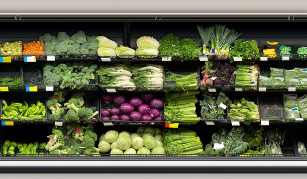 Vegetables in open open refrigerator at supermarket. Mockup and illustration is suitable for presenting new promotion designs, interior designers and architects.