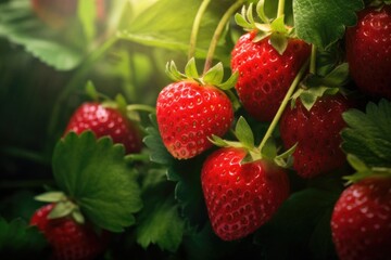 strawberry grow in the orchard garden in sunny day.