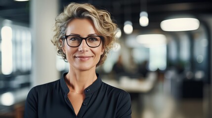 A confident middleaged woman exudes leadership and determination as she combats ageism in a modern corporate business office setting, symbolizing empowerment and success.