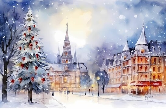 Christmas city landscape background, winter illustration