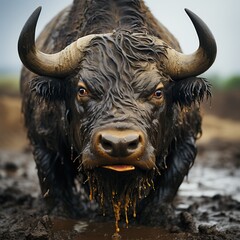 Black  buffalo in the mud. Close-up of cute bull with big beautiful eyes, standing in the mud. Great image for web icon, game avatar, profile picture, for educational needs of nature. Square - obrazy, fototapety, plakaty