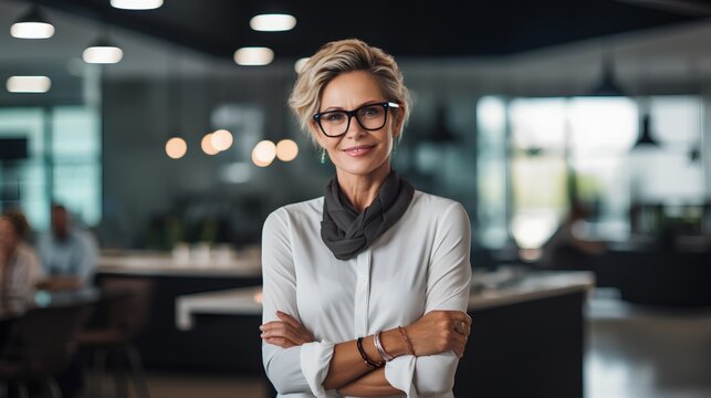 A confident middleaged woman exudes leadership and determination as she combats ageism in a modern corporate business office setting, symbolizing empowerment and success.