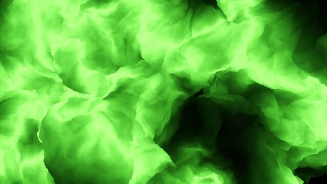 Close up of a mesmerizing emerald green flame, composed of swirling bright green flames against a black background