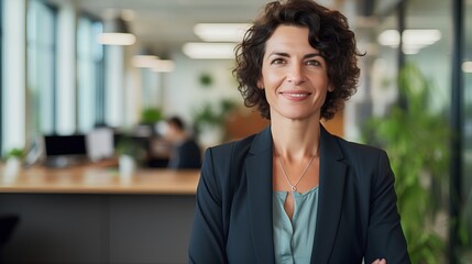 Midaged woman exudes confidence in a modern corporate business office setting, challenging workplace ageism with her successful career presence.