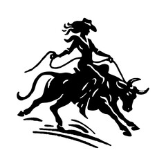Hand Drawn Silhouette of a Brave Female Bull Rider