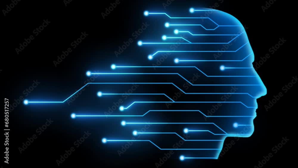 Poster animation human head blue with circuit line follow the dot light artificial intelligence (ai) concep
