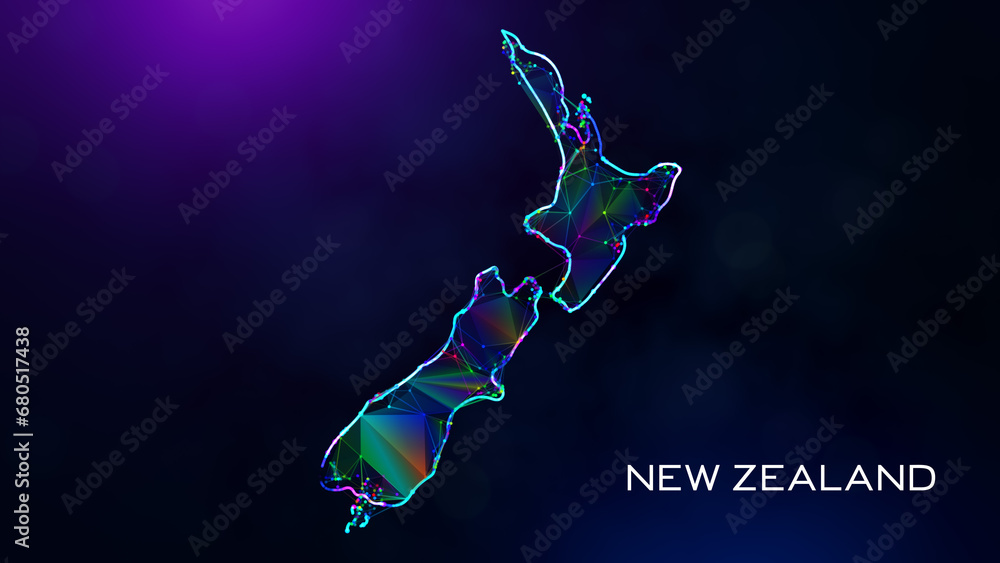 Poster futuristic sweet new zealand map polygonal blue purple colorful connected lines dots and facet wiref