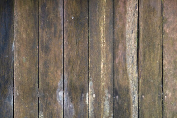 blank nature wood table or empty old black home wall and ancient dark brown floor with nails and...