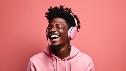 Young African-American guy listens to music using headphones. The man is enjoying the moment. Pink studio background. Generative AI