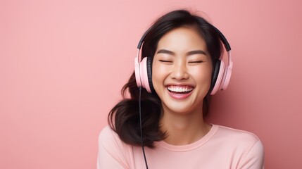 Young Asian woman listens to music using headphones. Girl is enjoying the moment. Pink studio background. Generative AI.