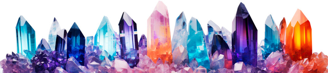 A set of Column Crystals Gem Stones, Precious stones, colorful Magic quartz, isolated png, ai generated art