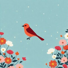 watercolor floral bird with red flowers watercolor floral bird with red flowers bird in the sky.
