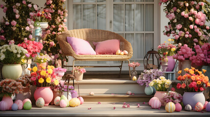 Wicker chair with flowers and easter eggs on the porch of the house