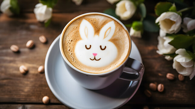 Cup of latte coffee with Easter bunny shape art on foam, top view. Easter and spring background.	