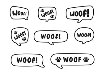 Woof text in a speech bubble balloon outline doodle set. Cute cartoon comics dog bark sound effect and lettering. Vector illustration.