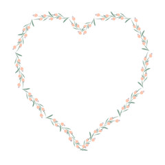 Floral heart for Valentine's Day and Mother's Day. Color Natural border. Pink flowers in heart shape. Botanical spring illustration blooming heart frame for posters, prints, cards and invitations.