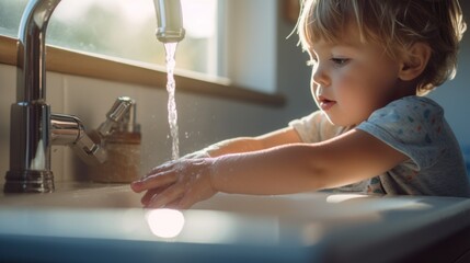 A young child washing his hands in the sink, AI