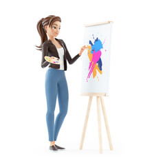 3d cartoon woman painting on canvas