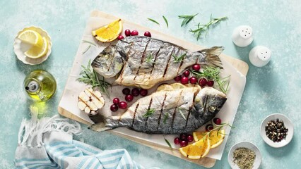 Seafood. Dorado fish grilled with oranges, cranberries and rosemary, Mediterranean food. Christmas festive healthy dinner, video footage 4k