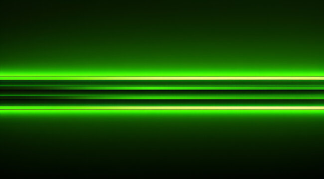 Green neon lights cast a bright glow in a sleek, dark environment. Modern abstract background