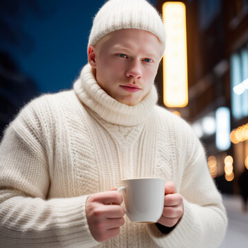 Portrait of an albino man in a white knitted sweater. AI