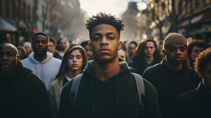 Black man protest with a group of people - obrazy, fototapety, plakaty