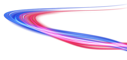 Blue and red neon wavy lines. Red blue special effect, speed police line. Magic of moving fast lines. Laser beams. Particle motion effect. Acceleration speed motion on night road. PNG.