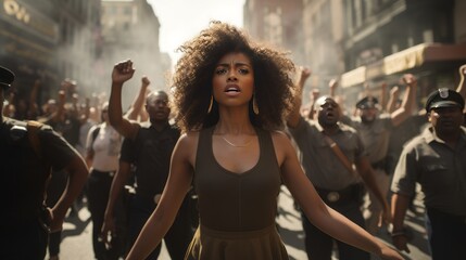 Black woman protest with a group of people - obrazy, fototapety, plakaty