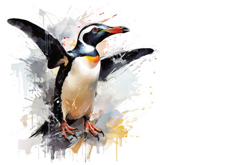 Image of painting cheerful penguin on a white background., Bird., Wildlife Animals.
