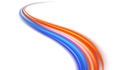 Blue and red neon wavy lines. Red blue special effect, speed police line. Magic of moving fast lines. Laser beams. Particle motion effect. Acceleration speed motion on night road. PNG.