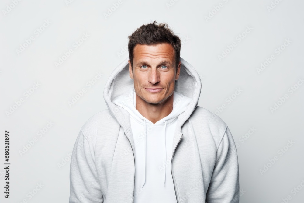 Wall mural Portrait of a blissful man in his 30s wearing a zip-up fleece hoodie against a white background. AI Generation