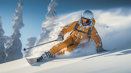 Active action image of a skier playing on snow in winer sports  - obrazy, fototapety, plakaty