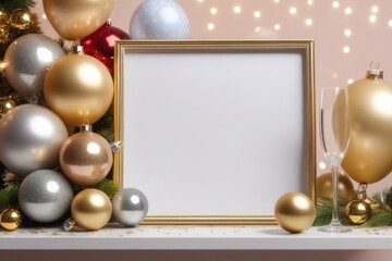 Fototapeta na wymiar blank golden christmas card and decorations on white wall background with space for text. 3d illustration blank golden christmas card and decorations on white wall background with space for text. 3d i