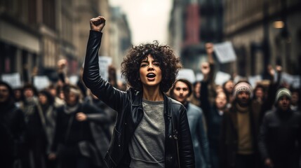woman protest with a group of people  - obrazy, fototapety, plakaty