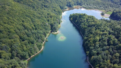 Biogradskoe lake (Aerial shot) is a glacial lake located in the inter-mountain valley of Bjelasica. Kolasin, Biogradska Gora national park. Montenegro (Europe)