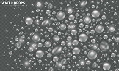 Realistic water drops or dew background. Template of transparent banner with condensation texture or rain droplets overlay. Aqua fresh wallpaper with 3d collagen hydration puddles or water bubbles