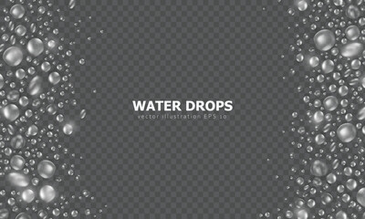 Transparent vector wallpaper with realistic 3d water drops or condensation on surface. Widescreen banner with rain droplets or dew pattern as frame. Aqua fresh banner with collagen or water texture