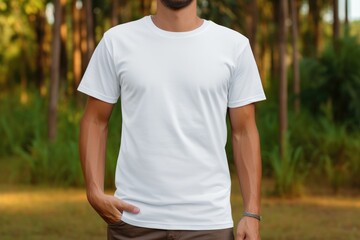 Fototapeta na wymiar White blank t shirt mock up. Men forest background