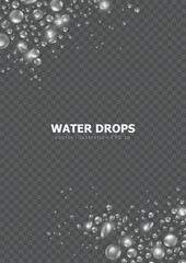 Template of banner with realistic pure water drops frame. Wallpaper with 3d shiny dew, water blobs. Vertical transparent backdrop with rain droplet or aqua splashes and water macro texture
