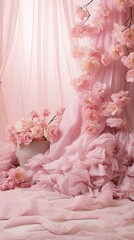 Silky pastel pink fabric gently ruffled and adorned with peonies and cherry blossoms. Vertically oriented. 
