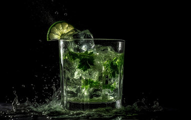 Cocktail in a shot glass with splashes and lime on a black background.